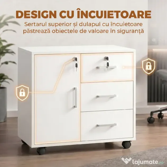 HOMCOM Dulap de Birou cu 3 Sertare și Dulăpior cu 3 Rafturi Reglabile, Sertar pentru Documente, 60x40x56 cm, Alb | Aosom Romania