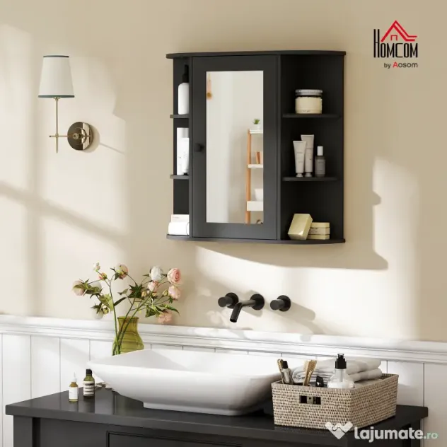 Homcom Dulapior Baie cu Oglinda – Lemn Alb 66×17×63 cm | Aosom Romania