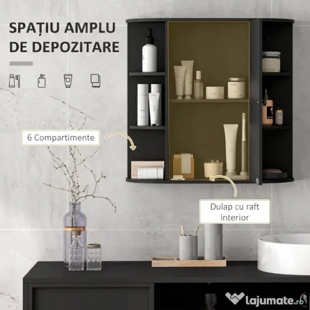 Homcom Dulapior Baie cu Oglinda – Lemn Alb 66×17×63 cm | Aosom Romania
