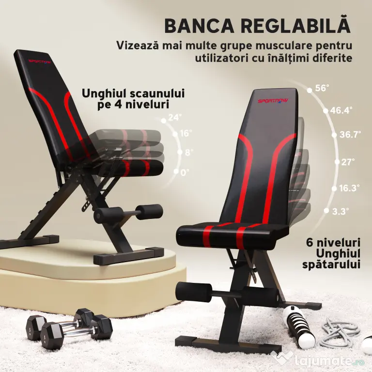SPORTNOW Bancă Fitness Pliabilă, Bancă Abdominale Multifuncțională Înclinabilă cu Spătar Reglabil pe 6 Niveluri Negru | Aosom Romania