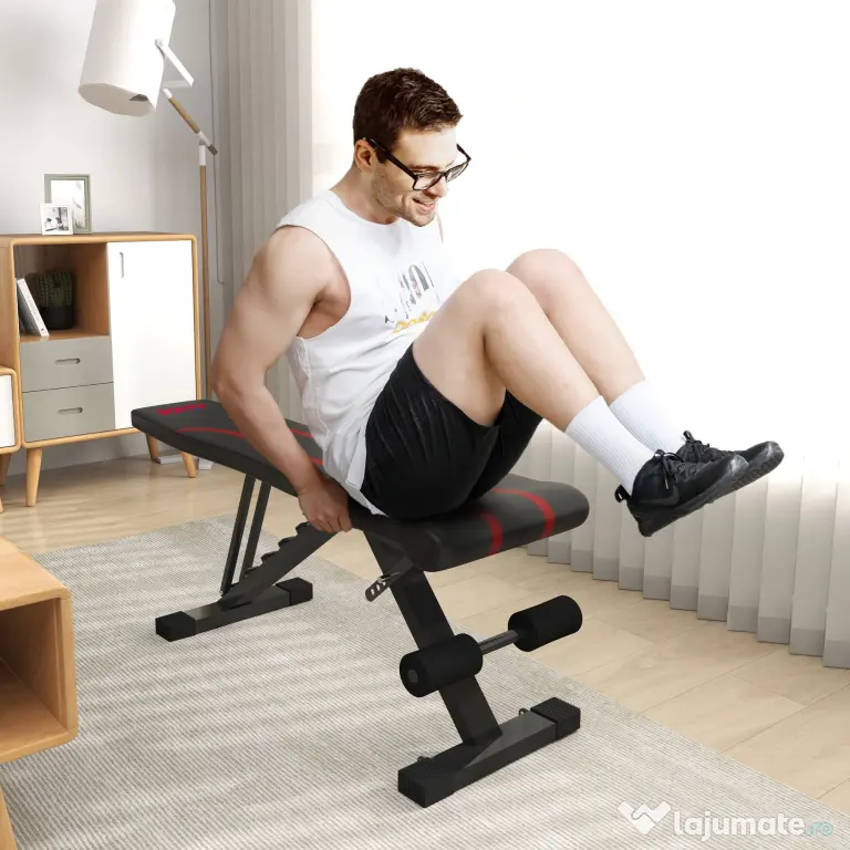 SPORTNOW Bancă Fitness Pliabilă, Bancă Abdominale Multifuncțională Înclinabilă cu Spătar Reglabil pe 6 Niveluri Negru | Aosom Romania