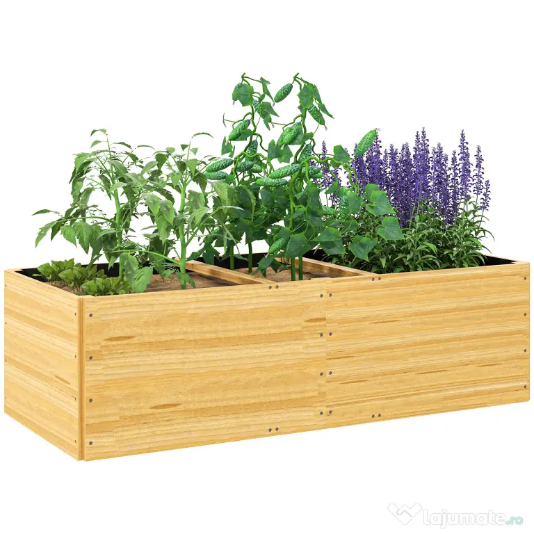 Outsunny Strat de Grădină Înălțat și Adânc cu 3 Zone de Creștere și Strat de Protecție, 140x60x40 cm, Lemn Natural | Aosom Romania
