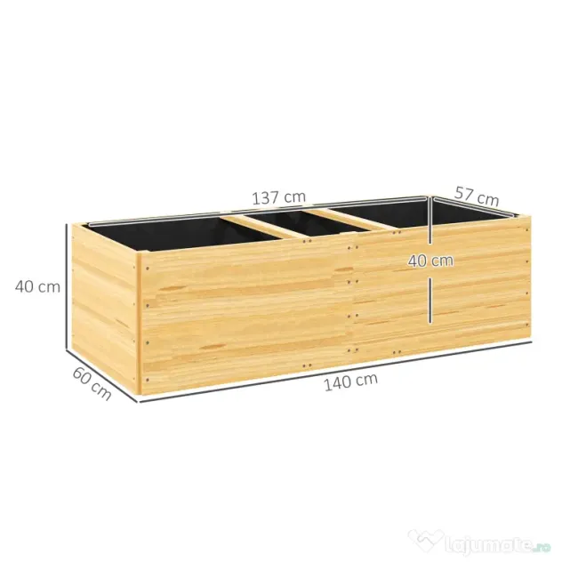 Outsunny Strat de Grădină Înălțat și Adânc cu 3 Zone de Creștere și Strat de Protecție, 140x60x40 cm, Lemn Natural | Aosom Romania