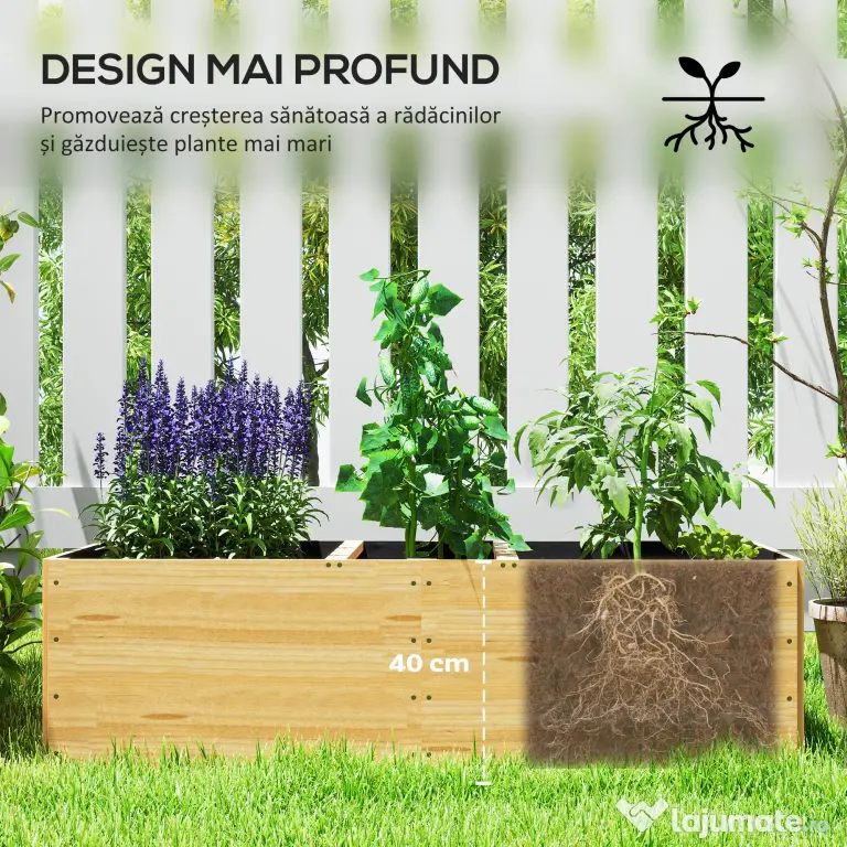 Outsunny Strat de Grădină Înălțat și Adânc cu 3 Zone de Creștere și Strat de Protecție, 140x60x40 cm, Lemn Natural | Aosom Romania
