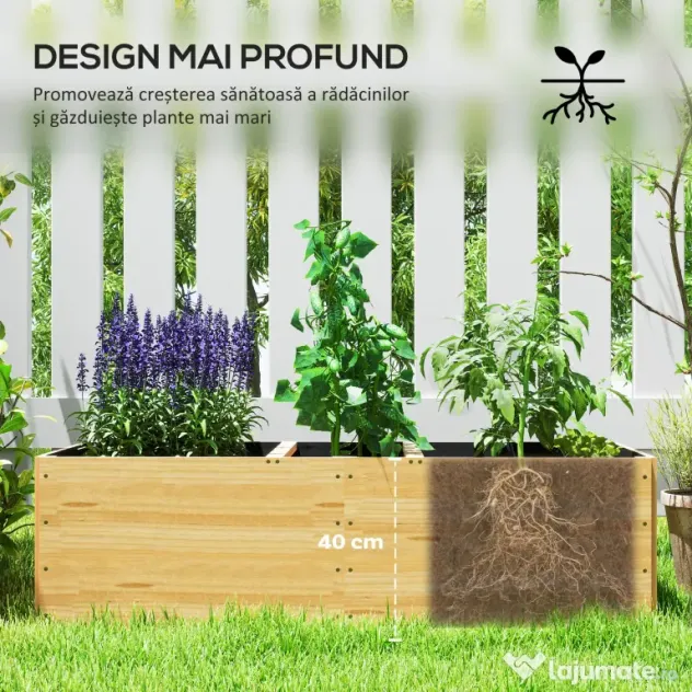 Outsunny Strat de Grădină Înălțat și Adânc cu 3 Zone de Creștere și Strat de Protecție, 140x60x40 cm, Lemn Natural | Aosom Romania