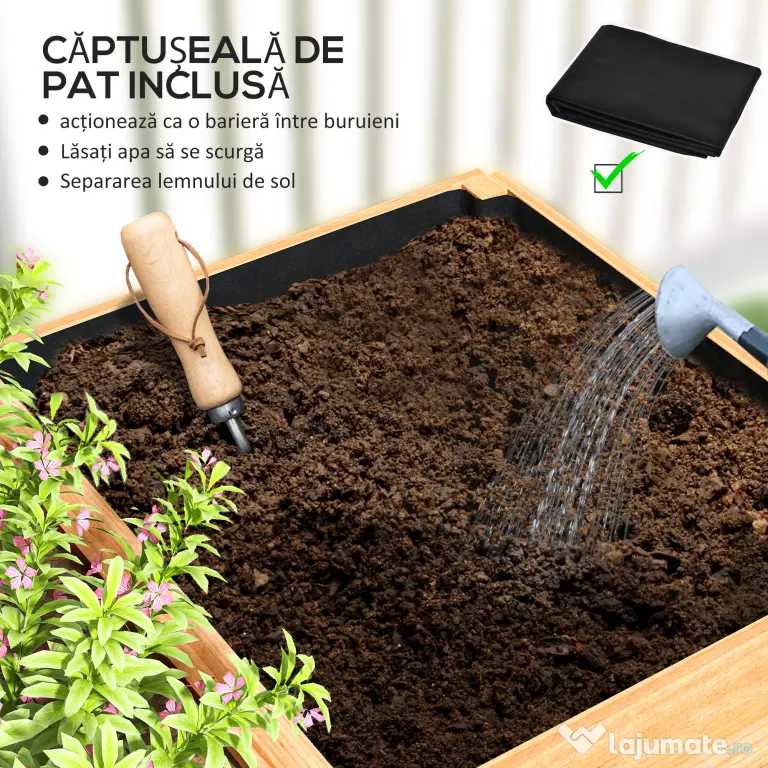 Outsunny Strat de Grădină Înălțat și Adânc cu 3 Zone de Creștere și Strat de Protecție, 140x60x40 cm, Lemn Natural | Aosom Romania