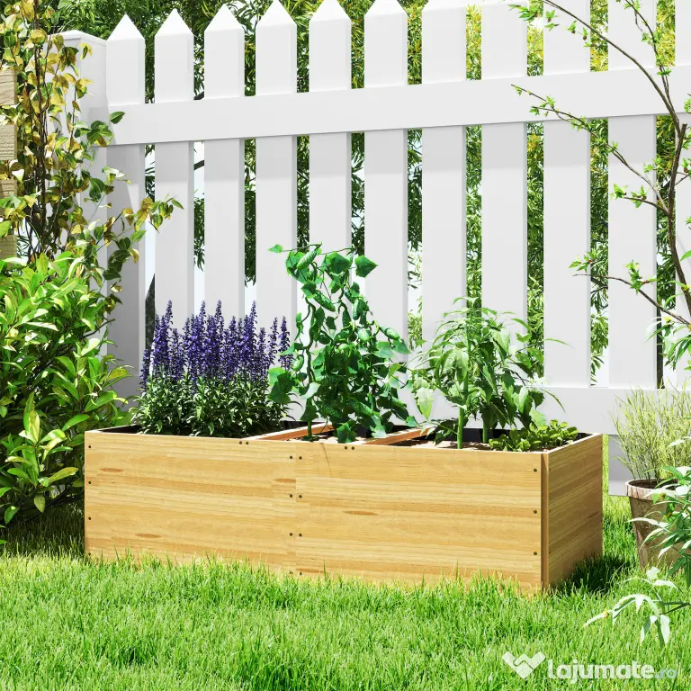 Outsunny Strat de Grădină Înălțat și Adânc cu 3 Zone de Creștere și Strat de Protecție, 140x60x40 cm, Lemn Natural | Aosom Romania