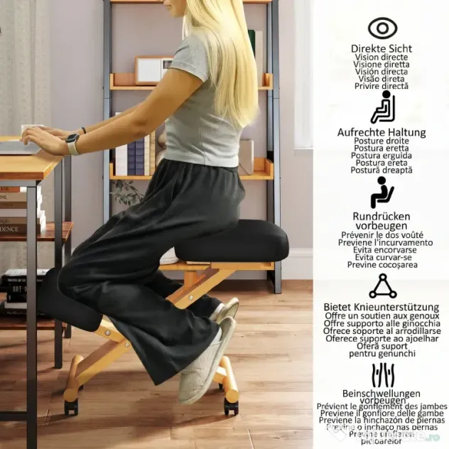 HOMCOM Scaun Ergonomic pentru Genunchi cu Înălțime Reglabilă din Lemn cu Rotile, 42x70x42-52 cm, Negru | Aosom Romania