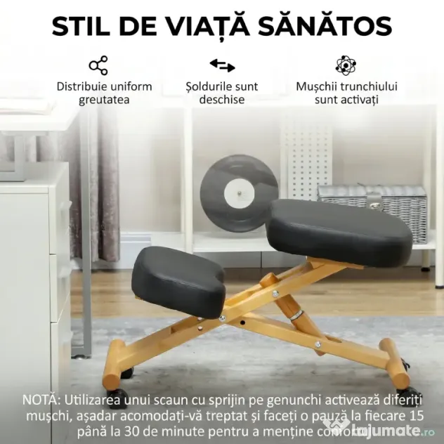 HOMCOM Scaun Ergonomic pentru Genunchi cu Înălțime Reglabilă din Lemn cu Rotile, 42x70x42-52 cm, Negru | Aosom Romania