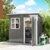 Outsunny magazie grădină căsuță de grădină pentru unelte cu ușă largă și fereastră, 221x133x190 cm gri închis | Aosom Romania 