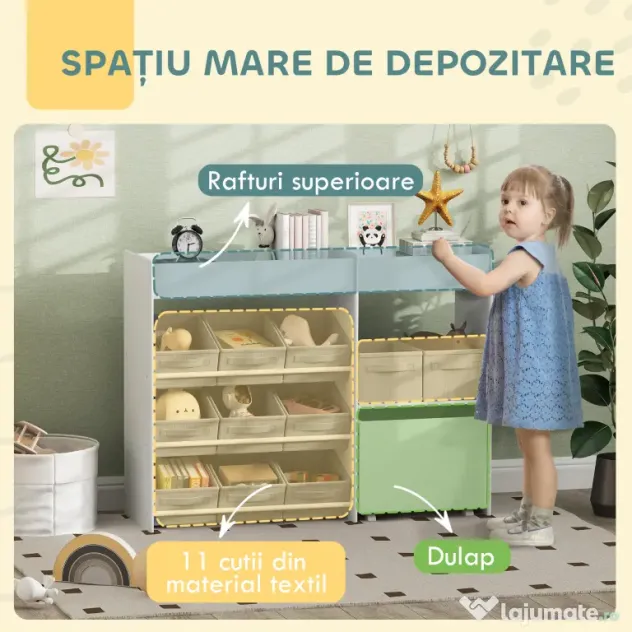 Mobilier AIYAPLAY pentru Jucării pentru Copii cu 11 Coșuri din Țesătură, Dulap și Rafturi, 105x30x80 cm, Alb | Aosom Romania