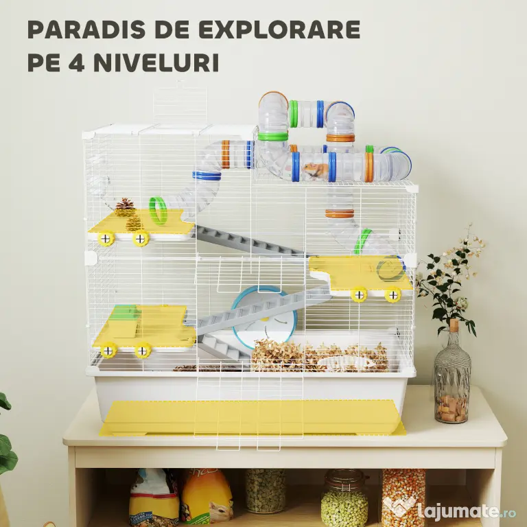 PawHut Cușcă pentru Hamsteri cu 4 Niveluri, Tuburi, Roată, 3 Uși și Tavă, 78x45x73 cm, Alb | Aosom Romania