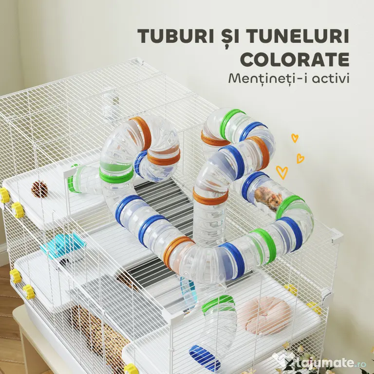 PawHut Cușcă pentru Hamsteri cu 4 Niveluri, Tuburi, Roată, 3 Uși și Tavă, 78x45x73 cm, Alb | Aosom Romania