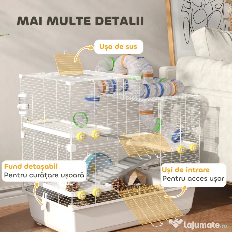 PawHut Cușcă pentru Hamsteri cu 4 Niveluri, Tuburi, Roată, 3 Uși și Tavă, 78x45x73 cm, Alb | Aosom Romania