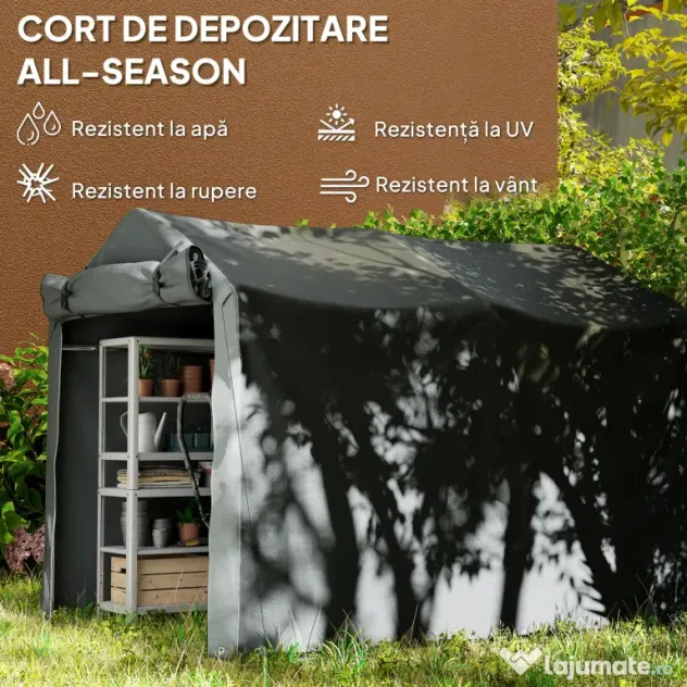 Outsunny Pavilion Cort pentru Mașină cu Intrare Rulabilă, Corzi și Țăruși, 220x157x165 cm, Gri Închis | Aosom Romania