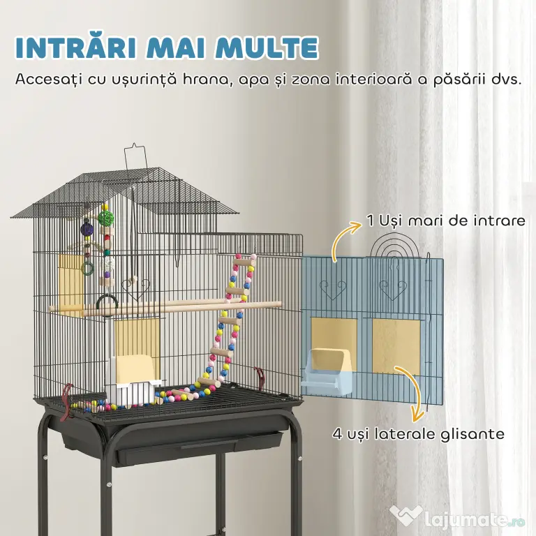 PawHut Colivie pentru Păsări cu Piedestal, Raft din Plasă și 4 Roți Pivotante, 46x36x120 cm, Negru | Aosom Romania