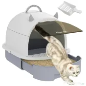 PawHut Litieră cu Capac, Tavă pentru Nisip tip Sertar cu Filtru de Carbon și Lopățică, 40,5x52x39 cm, Gri | Aosom Romania 