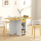 HOMCOM Masă Pliabilă, Masă Rabatabilă pentru 2-4 Persoane cu Sertar, 2 Rafturi și 2 Roți, 114,5x70x75 cm, Stejar | Aosom Romania 