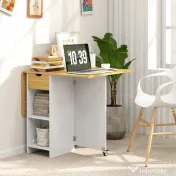 HOMCOM Masă Pliabilă, Masă Rabatabilă pentru 2-4 Persoane cu Sertar, 2 Rafturi și 2 Roți, 114,5x70x75 cm, Stejar | Aosom Romania 