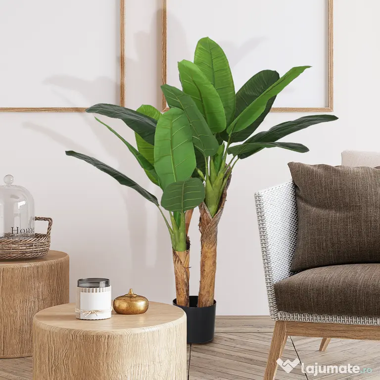 HOMCOM Plantă Artificială de Bananier cu Ghiveci, 2 Trunchiuri și 15 Frunze, Ø17x120 cm, Verde | Aosom Romania