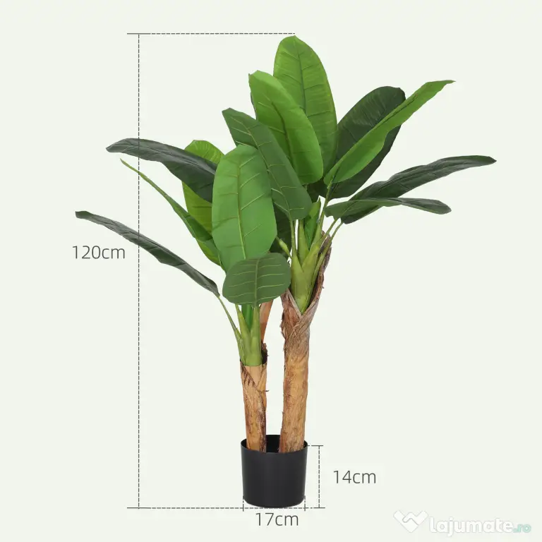 HOMCOM Plantă Artificială de Bananier cu Ghiveci, 2 Trunchiuri și 15 Frunze, Ø17x120 cm, Verde | Aosom Romania
