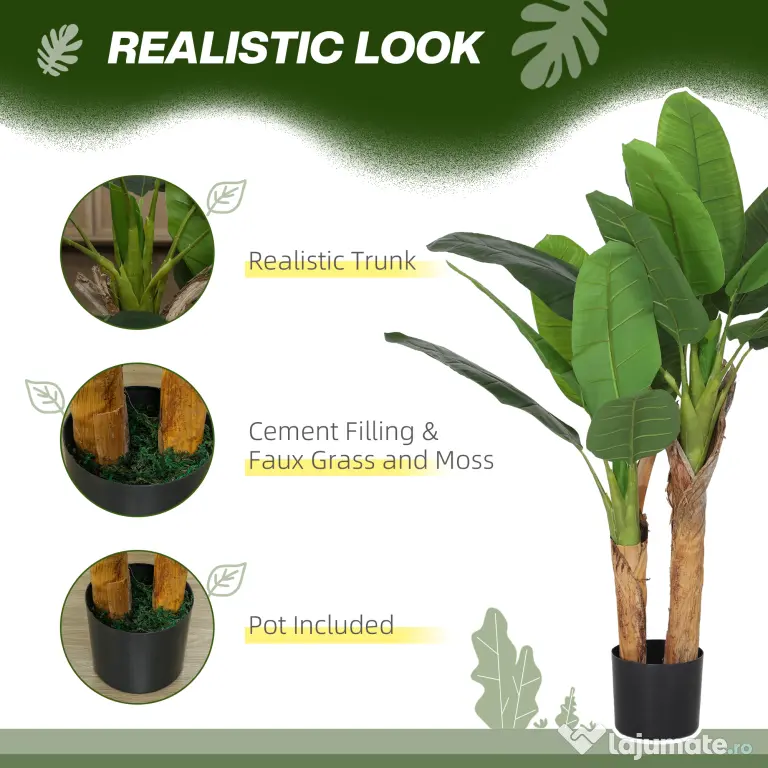 HOMCOM Plantă Artificială de Bananier cu Ghiveci, 2 Trunchiuri și 15 Frunze, Ø17x120 cm, Verde | Aosom Romania