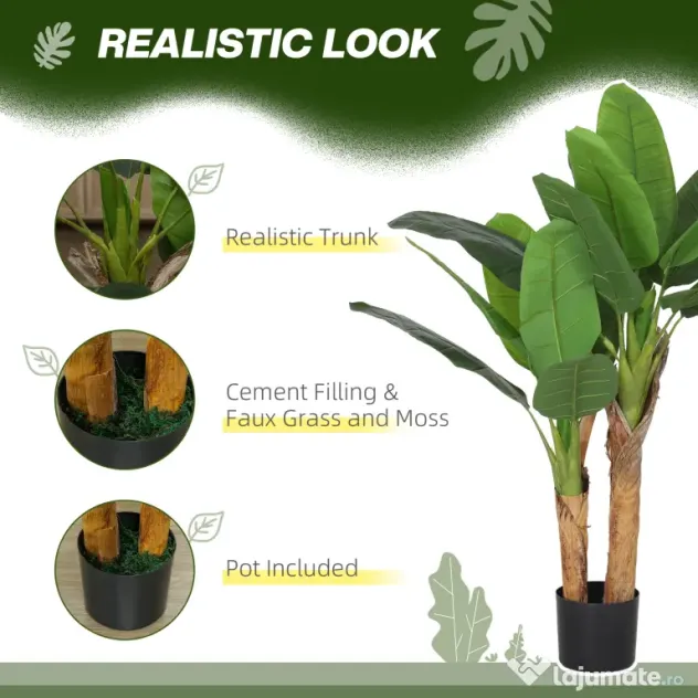 HOMCOM Plantă Artificială de Bananier cu Ghiveci, 2 Trunchiuri și 15 Frunze, Ø17x120 cm, Verde | Aosom Romania