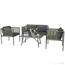 Outsunny Set Mobilier de Grădină din Ratan cu 2 Fotolii, Canapea cu 2 Locuri și Măsuță de Cafea din Sticlă, Gri