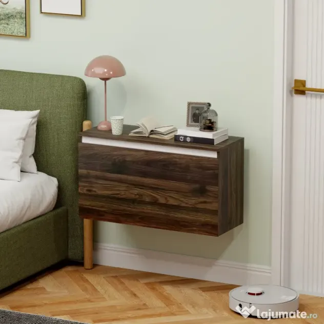 HOMCOM Noptiera Suspendată cu Montare pe Perete și Sertar de Depozitare, 80x30x45 cm, Maro | Aosom Romania