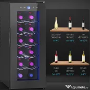 HOMCOM Frigider pentru 12 sticle cu Control Dublu al Temperaturii, Rafturi Reglabile și Iluminare, Negru 