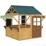 AIYAPLAY Căsuță pentru copii 3-8 ani cu 5 ferestre și 2 table, din lemn de brad, 173x117x144 cm, maro și albastru