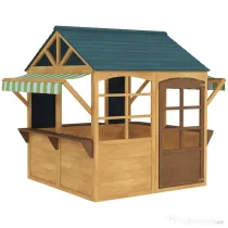 AIYAPLAY Căsuță pentru copii 3-8 ani cu 5 ferestre și 2 table, din lemn de brad, 173x117x144 cm, maro și albastru
