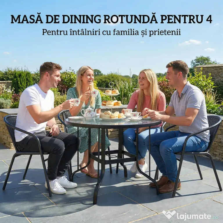 Outsunny Masă Rotundă de Grădină pentru Maxim 4 Persoane cu Gaură pentru Umbrelă, Ø96,5x71 cm, Negru | Aosom Romania