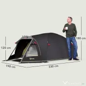 Outsunny Cort de Camping pentru 2-4 Persoane cu 2 Camere, Ușă, Ferestre și Geantă, 330x190x120 cm, Negru | Aosom Romania 