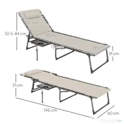 Outsunny Șezlong de Grădină Pliabil și Reglabil în 5 Poziții cu Măsuță Laterală, 60x190x31 cm, Alb Crem | Aosom Romania 
