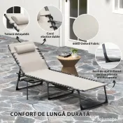 Outsunny Șezlong de Grădină Pliabil și Reglabil în 5 Poziții cu Măsuță Laterală, 60x190x31 cm, Alb Crem | Aosom Romania 