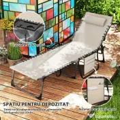 Outsunny Șezlong de Grădină Pliabil și Reglabil în 5 Poziții cu Măsuță Laterală, 60x190x31 cm, Alb Crem | Aosom Romania 
