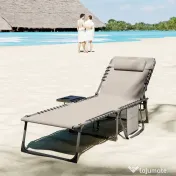 Outsunny Șezlong de Grădină Pliabil și Reglabil în 5 Poziții cu Măsuță Laterală, 60x190x31 cm, Alb Crem | Aosom Romania 