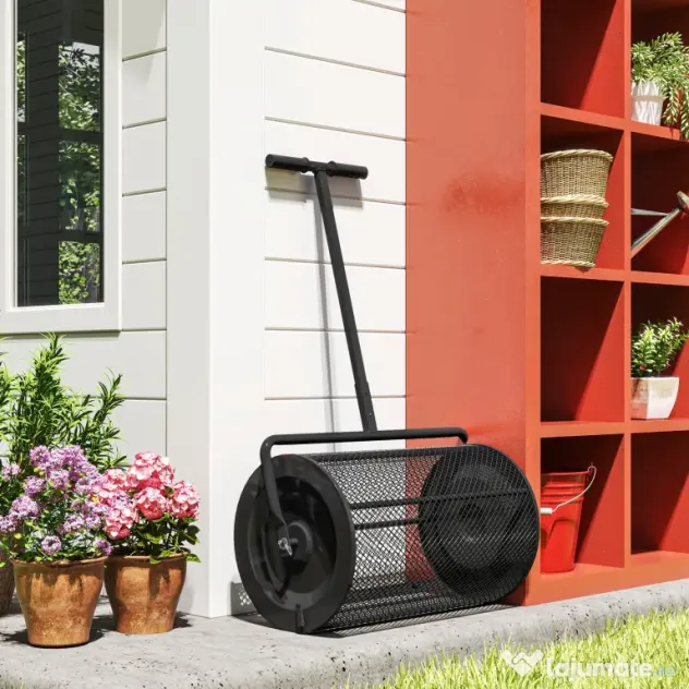 Outsunny Răspânditor Compost de 75L cu Mâner Reglabil în Formă de T din Metal Negru