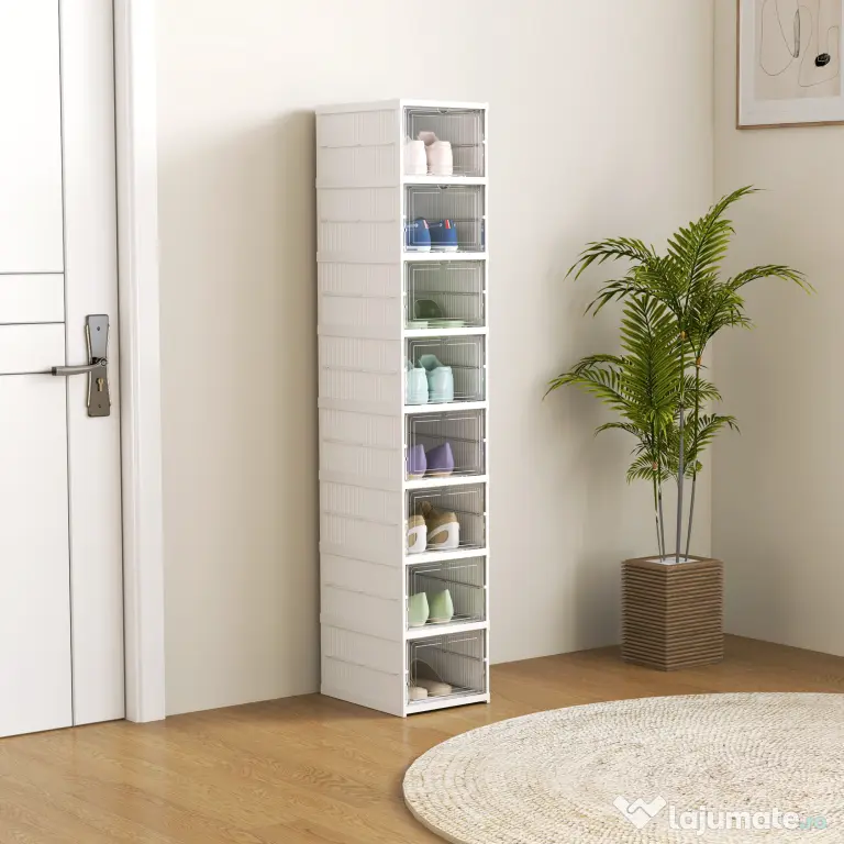 HOMCOM Dulap de Pantofi Modular cu 8 Cutii Stivuibile pentru Pantofi, 26x35x140 cm, Alb | Aosom Romania