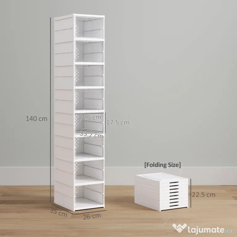 HOMCOM Dulap de Pantofi Modular cu 8 Cutii Stivuibile pentru Pantofi, 26x35x140 cm, Alb | Aosom Romania