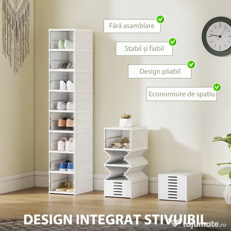 HOMCOM Dulap de Pantofi Modular cu 8 Cutii Stivuibile pentru Pantofi, 26x35x140 cm, Alb | Aosom Romania