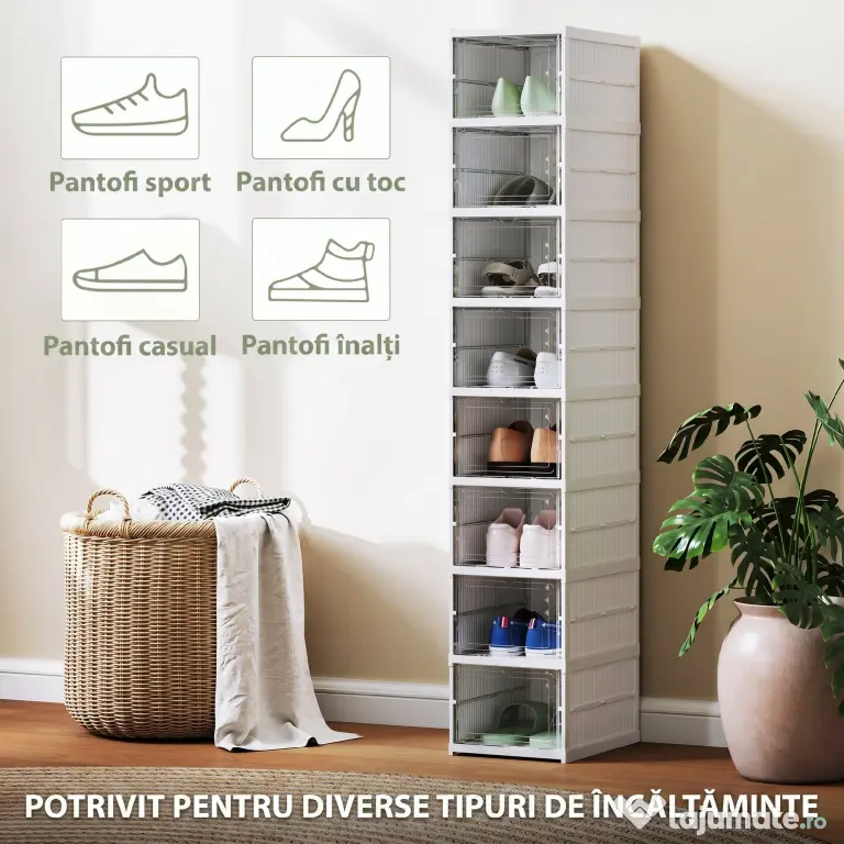HOMCOM Dulap de Pantofi Modular cu 8 Cutii Stivuibile pentru Pantofi, 26x35x140 cm, Alb | Aosom Romania