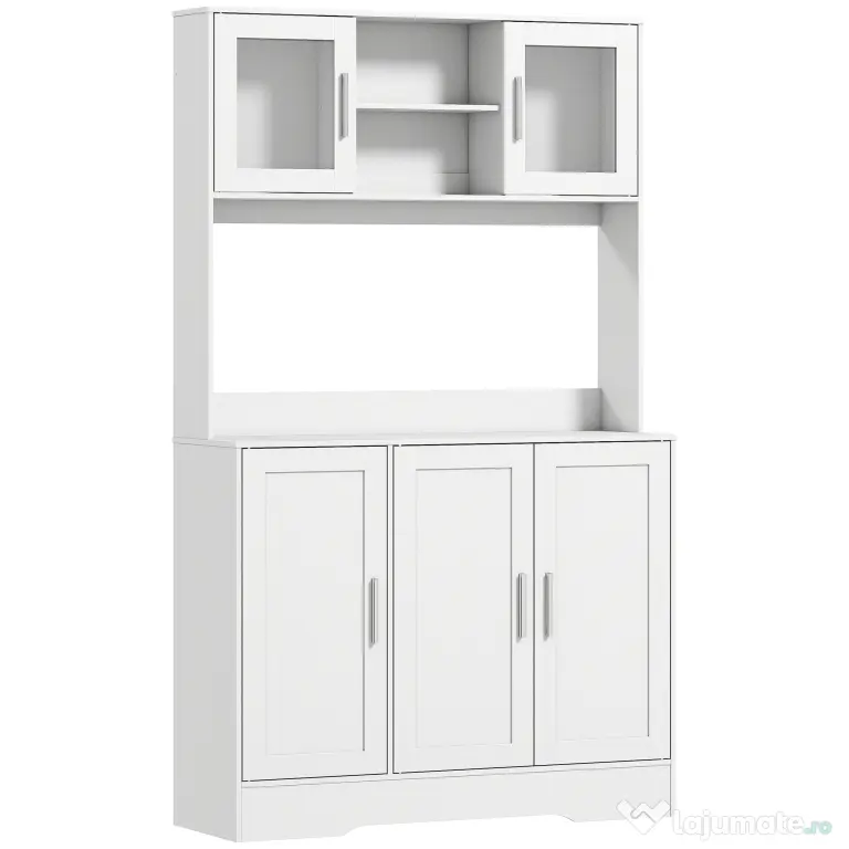 HOMCOM Dulap Bucătărie de 180cm, Dulap Înalt cu 4 Compartimente, Uși din Sticlă Securizată, 2 Rafturi Deschise, Rafturi Reglabile, Blat pentru Electrocasnice, pentru Bucătărie sau Living, Alb | Aosom Romania