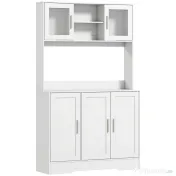 HOMCOM Dulap Bucătărie de 180cm, Dulap Înalt cu 4 Compartimente, Uși din Sticlă Securizată, 2 Rafturi Deschise, Rafturi Reglabile, Blat pentru Electrocasnice, pentru Bucătărie sau Living, Alb | Aosom Romania 