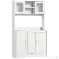 HOMCOM Dulap Bucătărie de 180cm, Dulap Înalt cu 4 Compartimente, Uși din Sticlă Securizată, 2 Rafturi Deschise, Rafturi Reglabile, Blat pentru Electrocasnice, pentru Bucătărie sau Living, Alb | Aosom Romania