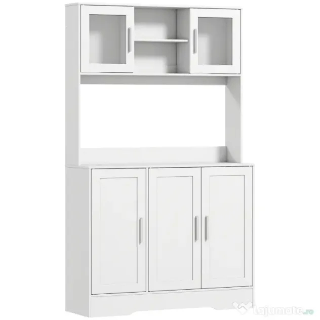HOMCOM Dulap Bucătărie de 180cm, Dulap Înalt cu 4 Compartimente, Uși din Sticlă Securizată, 2 Rafturi Deschise, Rafturi Reglabile, Blat pentru Electrocasnice, pentru Bucătărie sau Living, Alb | Aosom Romania