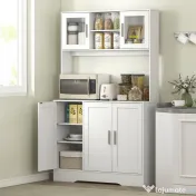 HOMCOM Dulap Bucătărie de 180cm, Dulap Înalt cu 4 Compartimente, Uși din Sticlă Securizată, 2 Rafturi Deschise, Rafturi Reglabile, Blat pentru Electrocasnice, pentru Bucătărie sau Living, Alb | Aosom Romania 