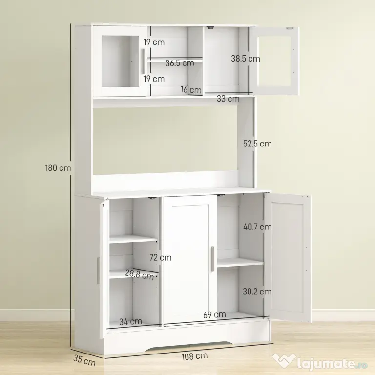 HOMCOM Dulap Bucătărie de 180cm, Dulap Înalt cu 4 Compartimente, Uși din Sticlă Securizată, 2 Rafturi Deschise, Rafturi Reglabile, Blat pentru Electrocasnice, pentru Bucătărie sau Living, Alb | Aosom Romania