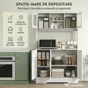 HOMCOM Dulap Bucătărie de 180cm, Dulap Înalt cu 4 Compartimente, Uși din Sticlă Securizată, 2 Rafturi Deschise, Rafturi Reglabile, Blat pentru Electrocasnice, pentru Bucătărie sau Living, Alb | Aosom Romania 